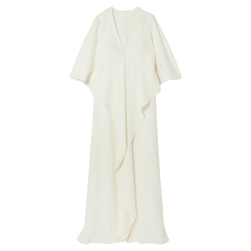 100% Silk Summer Women's Elegant Long Evening Dress V-Neck Elegant 3/4 Sleeve Drape Panel Maxi Ruffled Loose White  Plain