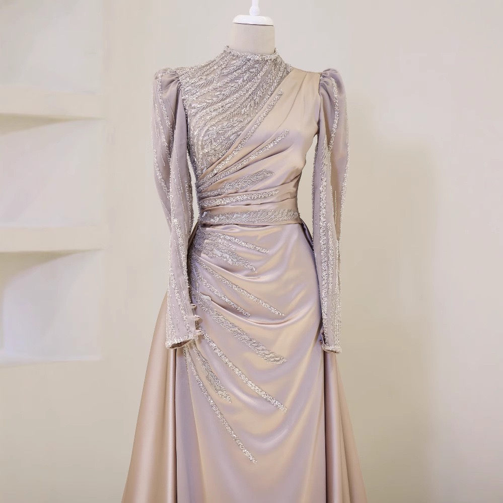 New Arrival Elegant Evening Dress Sequins Ruffle Design Bubble Sleeves Gauze Arab Abayas Muslim Women Party Dress