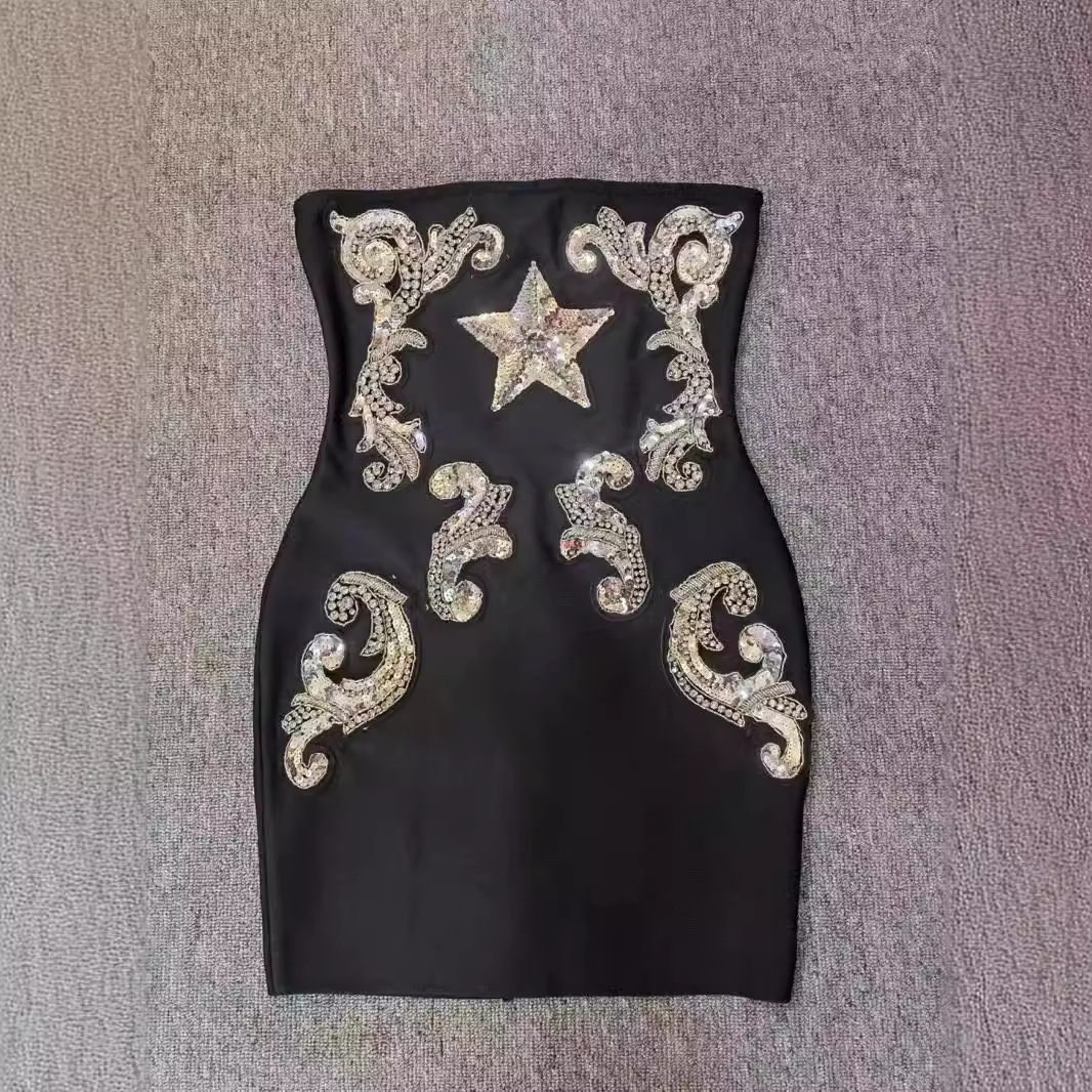 Girl Fashion Tube Mini Sundress Beaded Sequins Stars Empire Style for Bandage Skirt Casual Chiffon Summer Washable Nonwoven