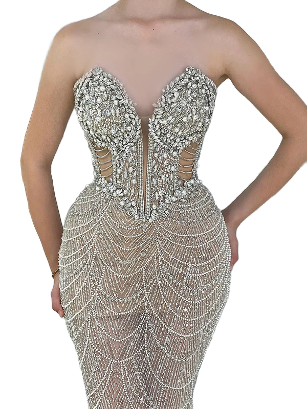 Luxury Dubai Mermaid Crysta Rhinestones Nude Evening Dresses Elegant Sweetheart Beaded Arabic Women Wedding Party Gowns