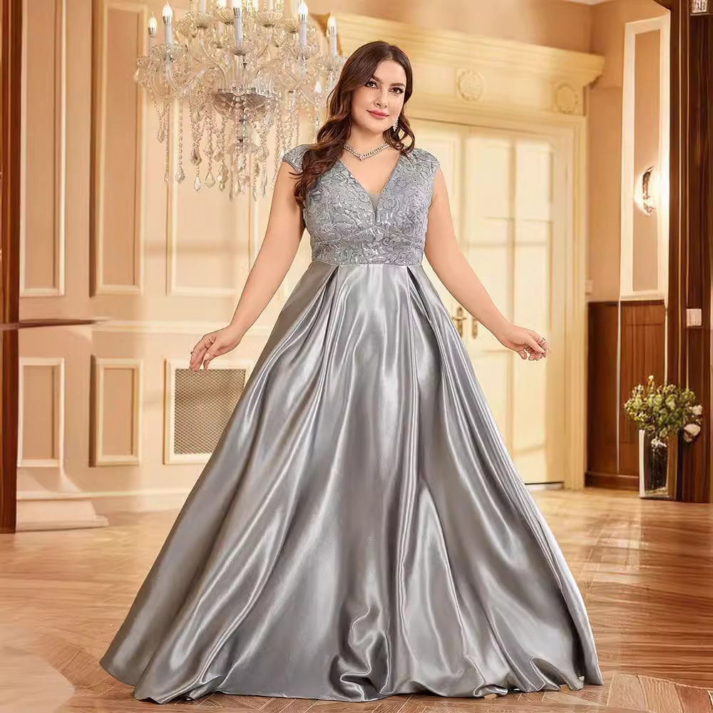 - New Plus Size Fat Woman Outfit Sleeveless V Neck Elegant Satin Lace Banquet Evening Dress