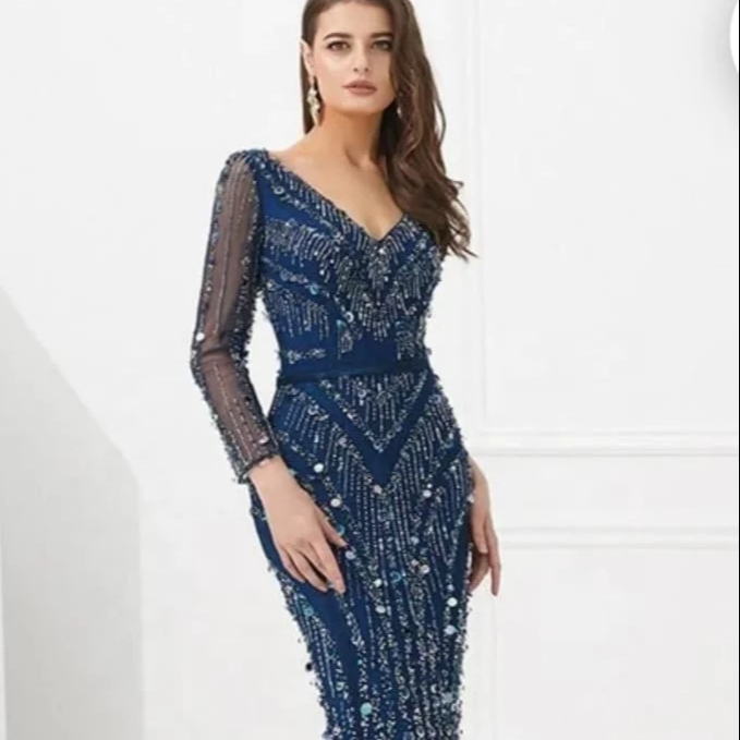 Evening Dress High Quality Long Sleeves Sequined Beading Sexy Ball Luxury Party Dress