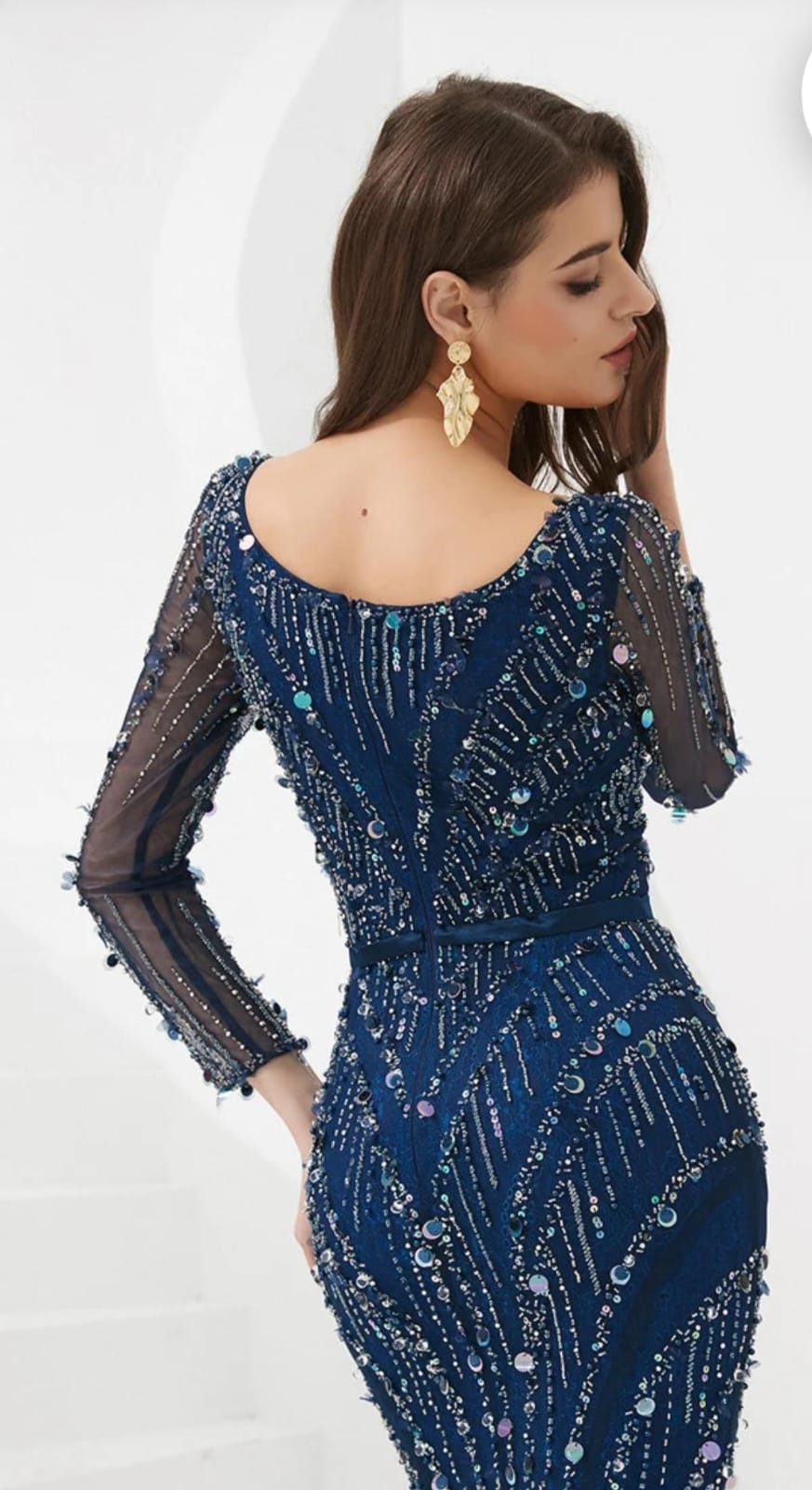 Evening Dress High Quality Long Sleeves Sequined Beading Sexy Ball Luxury Party Dress