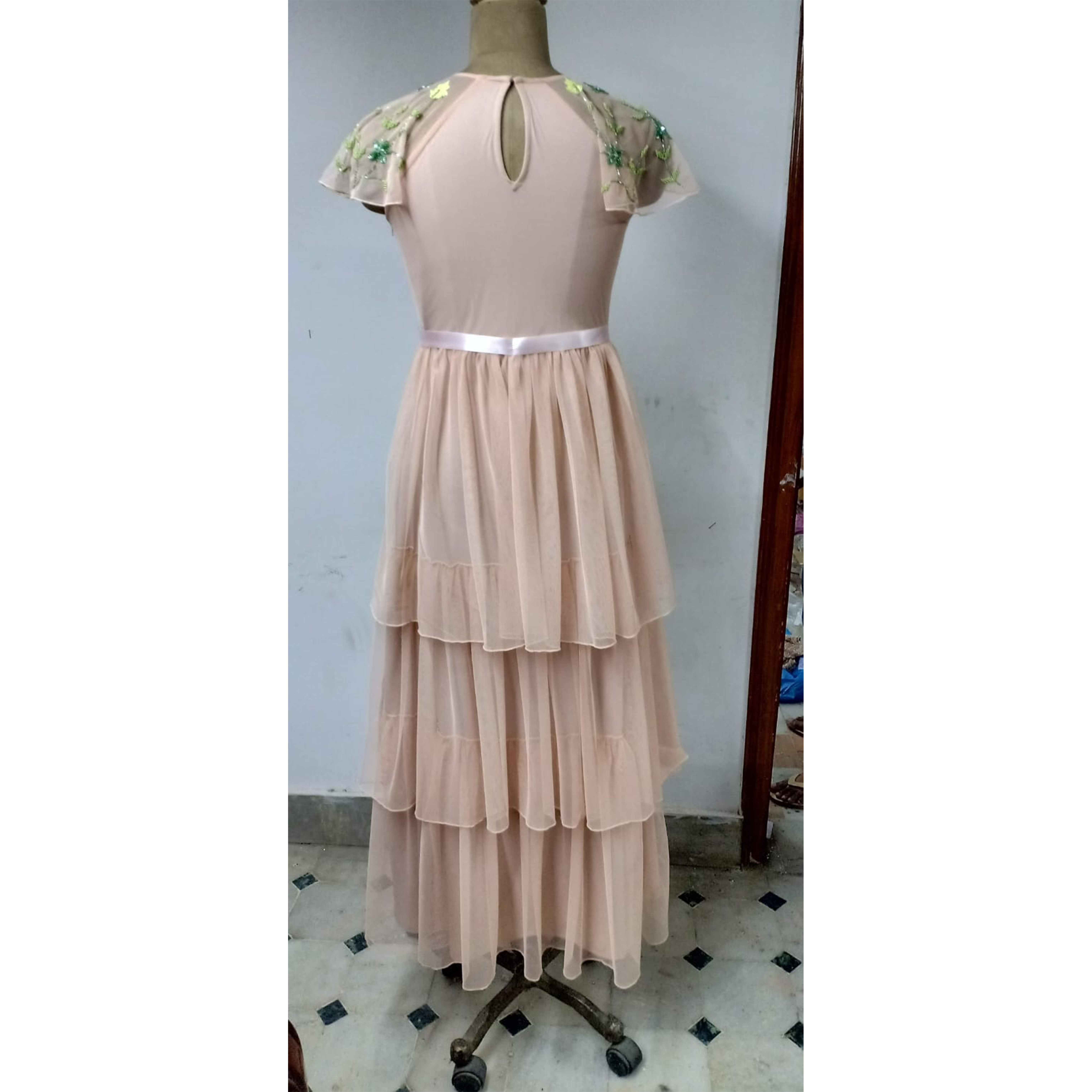 Beautiful Elegant Beads Sequin Floor Length Deep V Neck Hand Embroidered Women Casual Dress