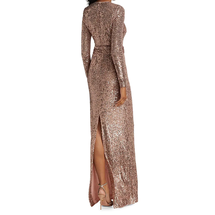 Luxury Sexy Evening Dress V Neck Long Sleeve Slit Belted Slim Fit 2021 Bridal Gowns Elegant Sequin Beach Wedding Guest Party