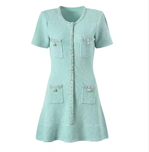 -Made Mint Green Knitted Dress French Style High-End Sweater Dress Pleated Short Sleeves Button Eco-Friendly Natural