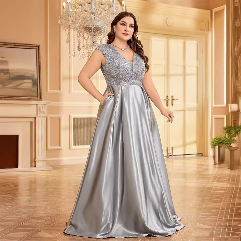 - New Plus Size Fat Woman Outfit Sleeveless V Neck Elegant Satin Lace Banquet Evening Dress