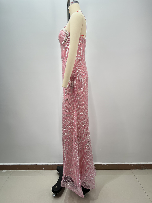 A9855   Pink Women Maxi Gown Dress Beaded Ladies Long Evening Dress