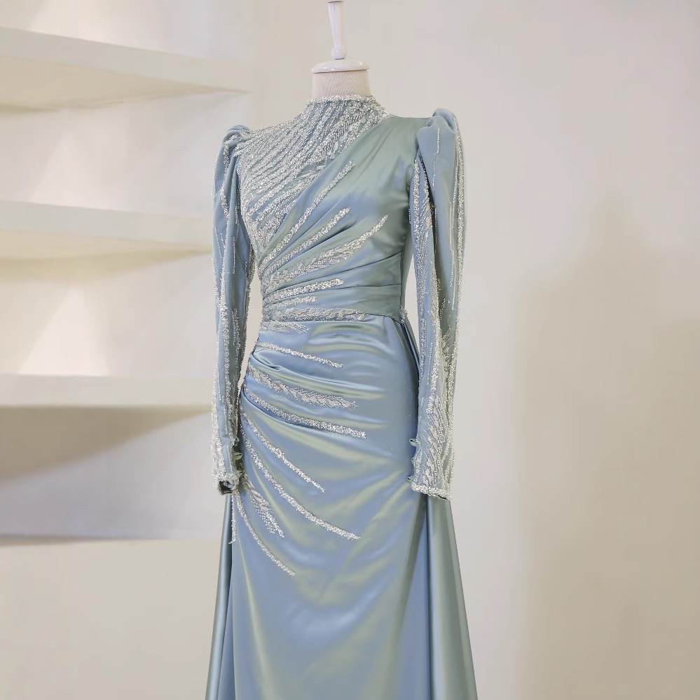 New Arrival Elegant Evening Dress Sequins Ruffle Design Bubble Sleeves Gauze Arab Abayas Muslim Women Party Dress