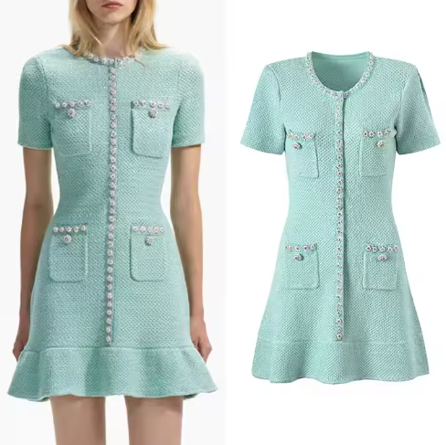 -Made Mint Green Knitted Dress French Style High-End Sweater Dress Pleated Short Sleeves Button Eco-Friendly Natural