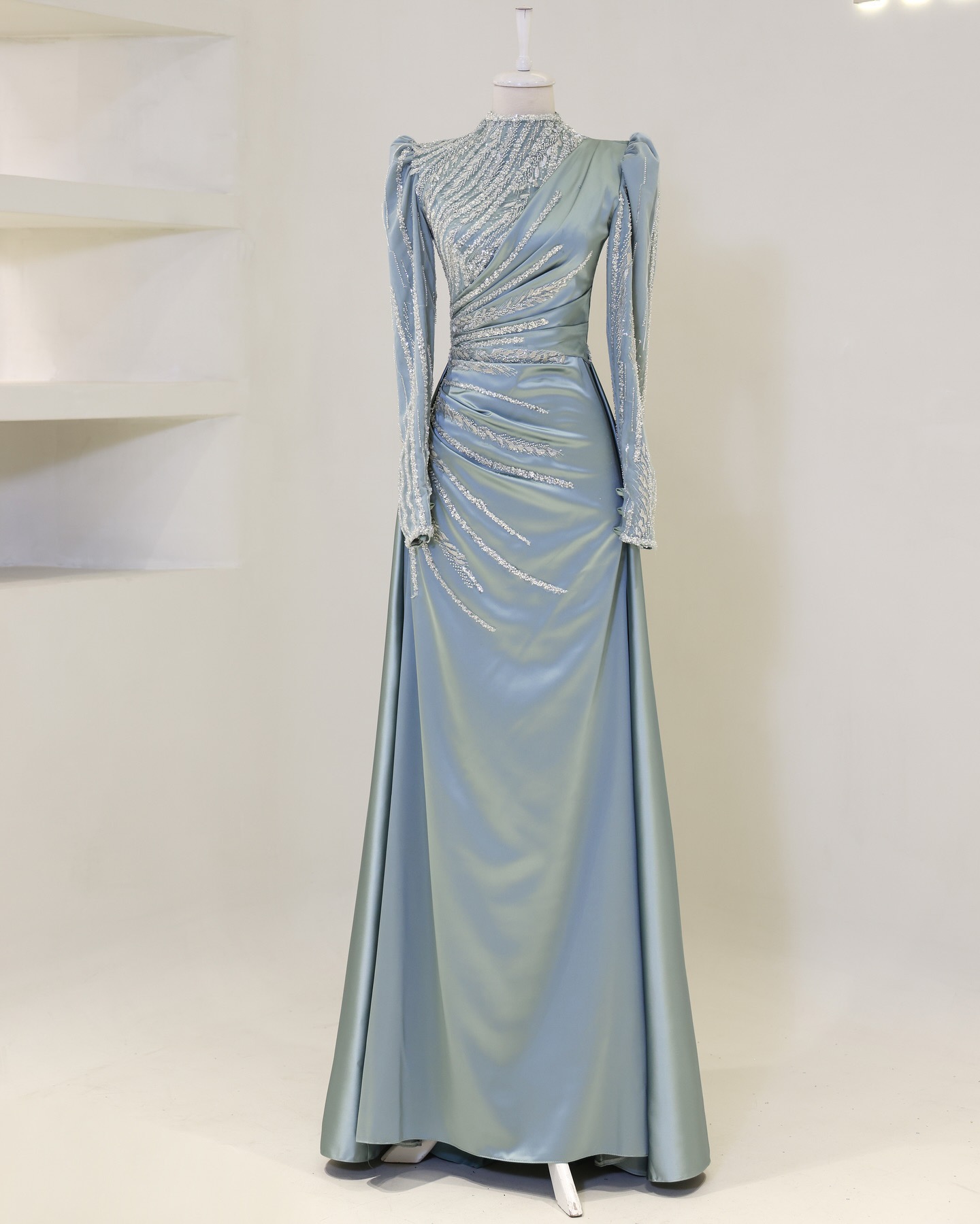 New Arrival Elegant Evening Dress Sequins Ruffle Design Bubble Sleeves Gauze Arab Abayas Muslim Women Party Dress