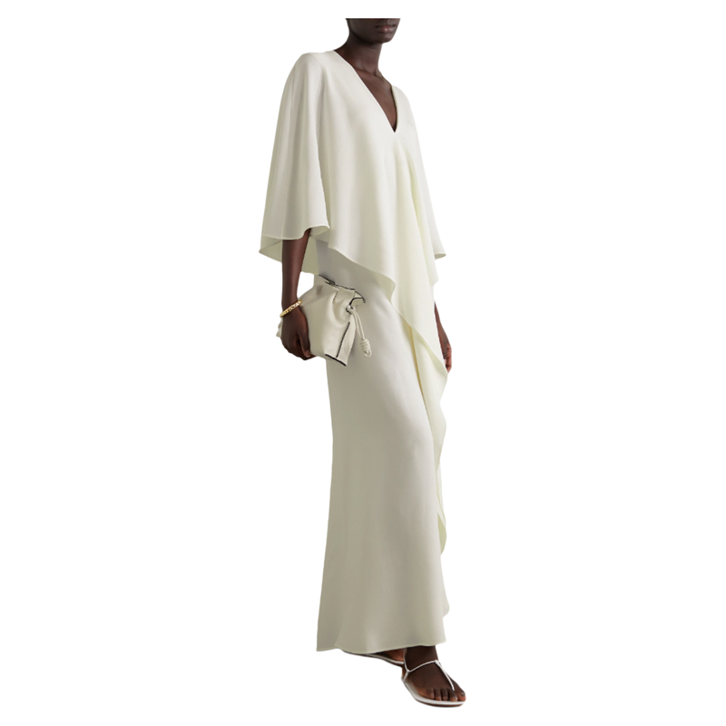 100% Silk Summer Women's Elegant Long Evening Dress V-Neck Elegant 3/4 Sleeve Drape Panel Maxi Ruffled Loose White  Plain