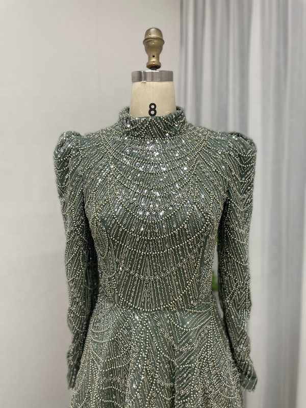 MC20041 Luxury Dubai Evening Dress Party Gowns Prom Dresses for Women High Neck Long Sleeves Beading Arabic Muslim Muslim Formal