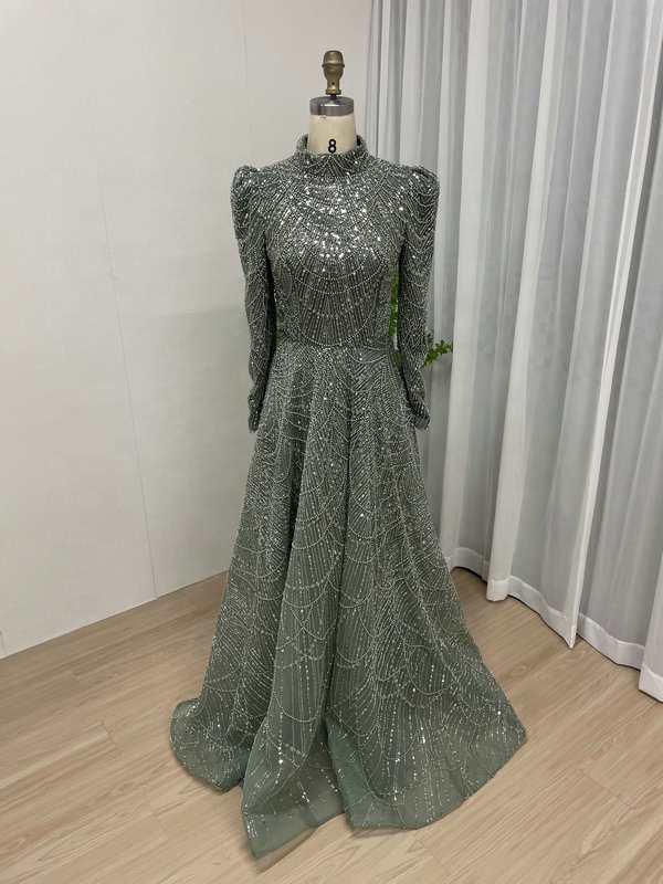MC20041 Luxury Dubai Evening Dress Party Gowns Prom Dresses for Women High Neck Long Sleeves Beading Arabic Muslim Muslim Formal