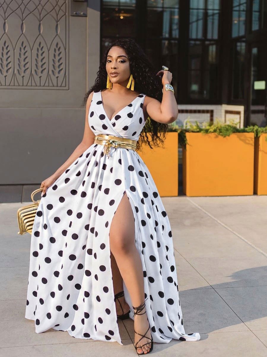 2021 Sundress Summer Women Causal Polka Dot Sleeveless High Pleated Elastic Waist V-Neck Beach Dress with Belt