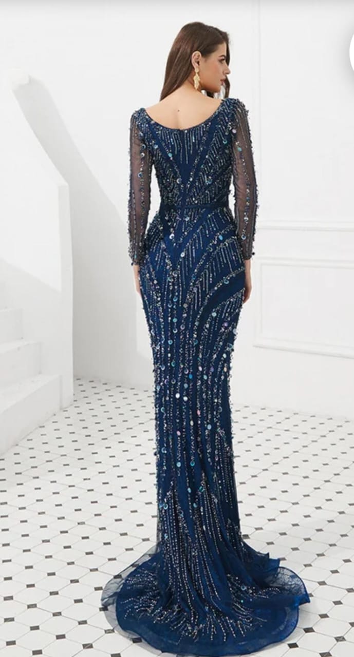 Evening Dress High Quality Long Sleeves Sequined Beading Sexy Ball Luxury Party Dress