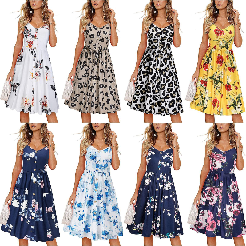 5875-R-Casual Beach Sundress Floral V Neck Button Front Floral Dress With Pockets