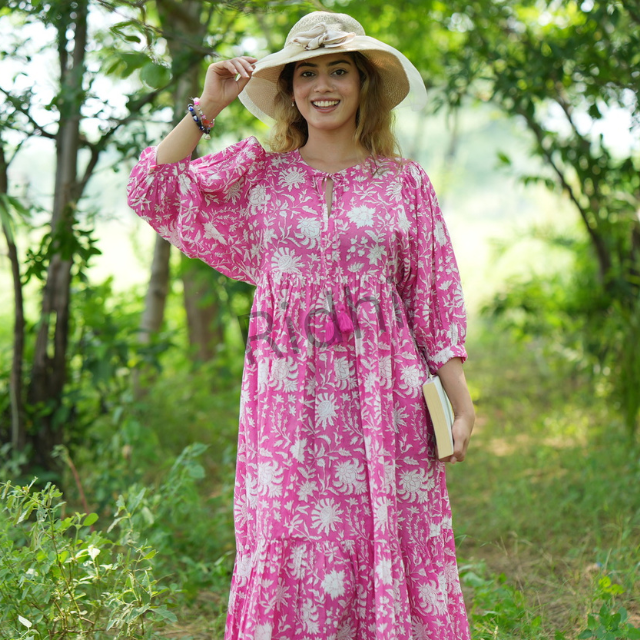 Pink Floral Maxi Dress for Women Loose Fit Cotton Summer Sundress Boho Style Casual  Dress for Vacation and Mother's Day