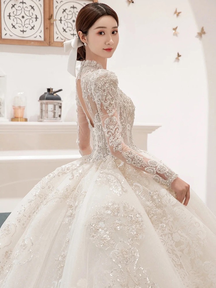 Long Sleeve Beading Evening Gown Elegant Wedding Dresses Full Bridal Gown