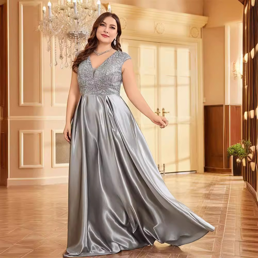 - New Plus Size Fat Woman Outfit Sleeveless V Neck Elegant Satin Lace Banquet Evening Dress