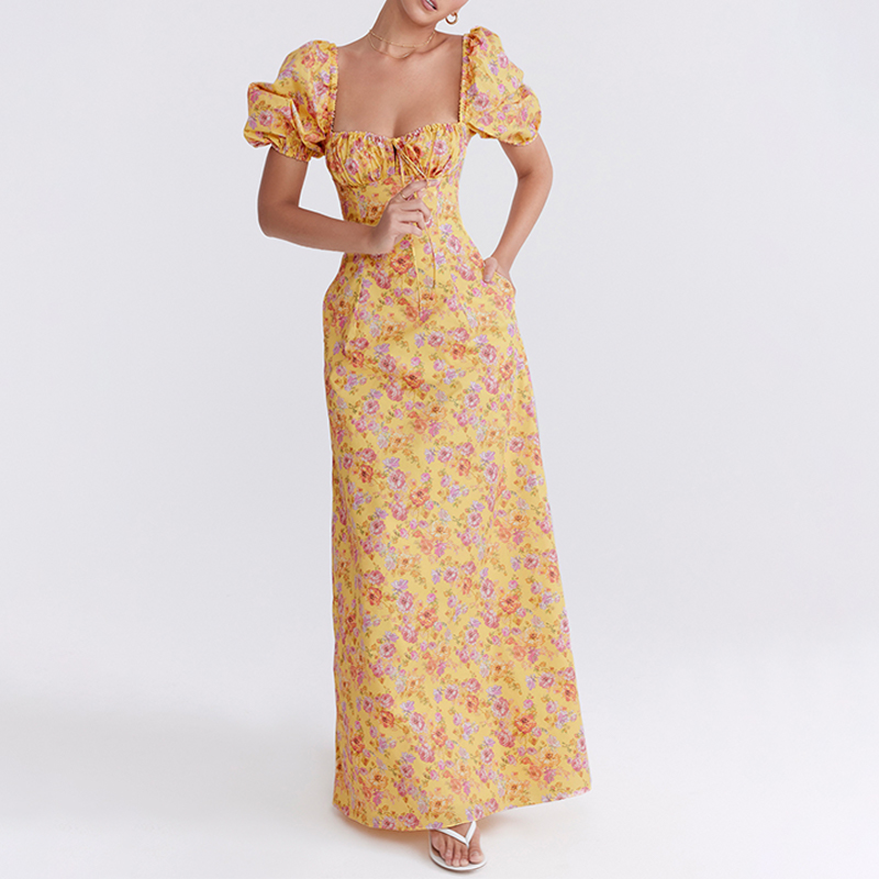 Manufacturer  Floral Print Straight Female Evening Party Puff Sleeve Elegant Casual Maxi Women Summer Long Sundresses